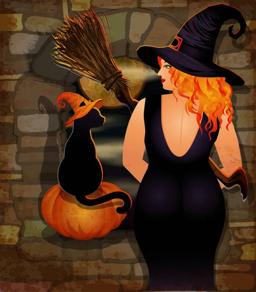 Happy Halloween Vip Card Black Cat Pumpkin Witch Vector Illustration — Διανυσματικό Αρχείο