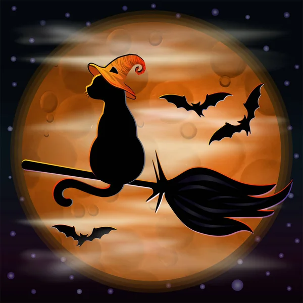 Happy Halloween Greeting Card Black Cat Witch Hat Vector Illustration — Image vectorielle