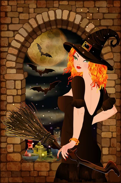 Happy Halloween Greeting Card Young Red Hair Witch Vector Illustration — Image vectorielle