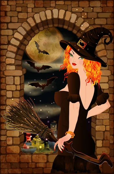 Happy Halloween Greeting Card Young Red Hair Witch Vector Illustration — стоковый вектор