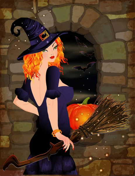 Happy Halloween Invitation Card Pumpkin Red Hair Witch Vector Illustration — Stock Vector