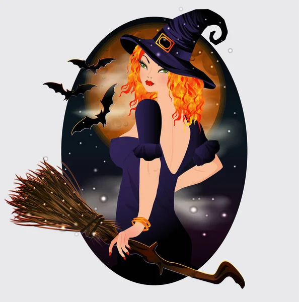 Halloween Red Hair Witch Broom Vector Illustration — 图库矢量图片