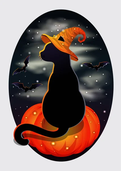 Happy Halloween Vip Karte Schwarze Katze Mit Hexenhut Vektorillustration — Stockvektor