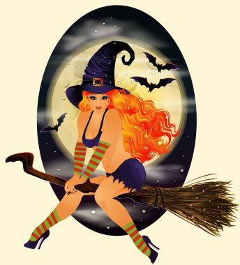 Happy Halloween greeting card with red hair witch. vector illustration