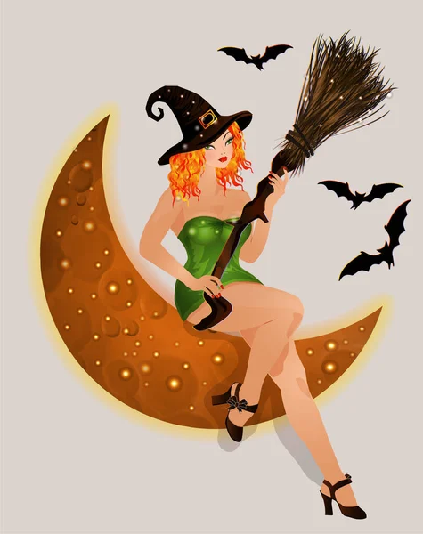 Happy Halloween Rote Haare Hexe Und Mond Vektorillustration — Stockvektor