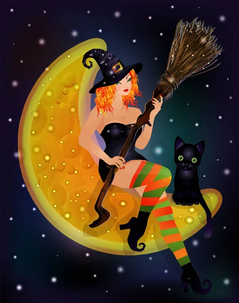 Halloween Moon Black Cat Bruxa Cabelo Vermelho Ilustração Vetorial — Vetor de Stock