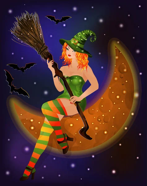 Halloween Moon Red Hair Witch Vector Illustration — Stock Vector