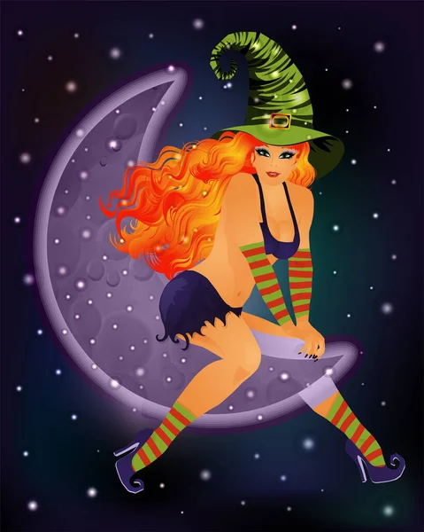 Boldog Halloween Vip Kártyát Vörös Hajú Boszorkánnyal Holddal Vektor Illusztráció — Stock Vector