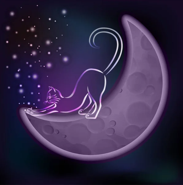Mondkätzchen Spielt Mit Den Sternen Auf Der Mondsichel Vektorillustration — Stockvektor