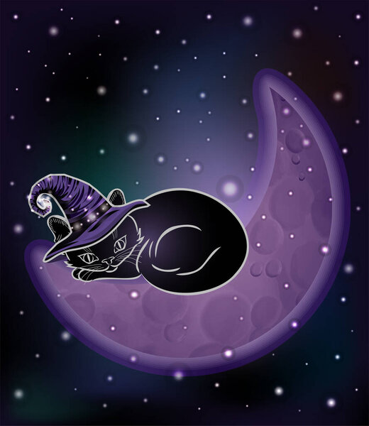 Happy halloween vip card. black moon kitten sleeps on a crescent moon, vector illustration