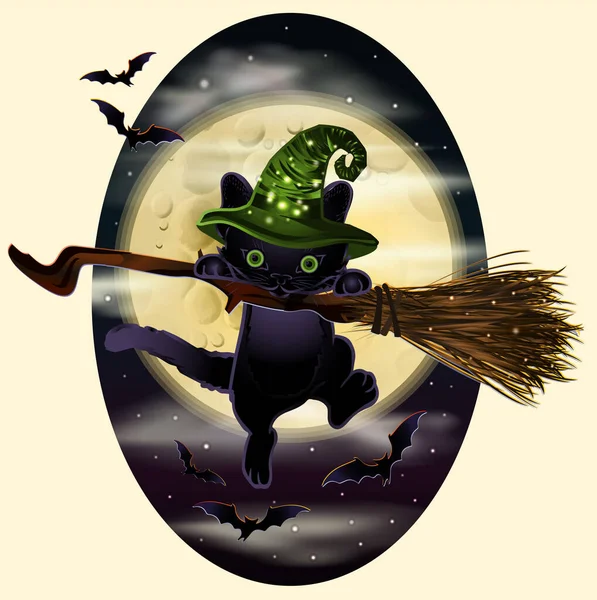 Happy Halloween Black Cat Broom Vector Illustration — 图库矢量图片