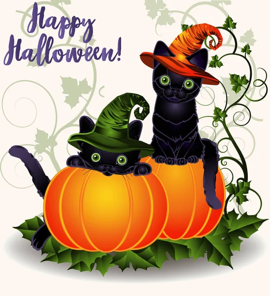 Happy Halloween Two Black Cats Pumpkins Vector Illustration — Stock vektor