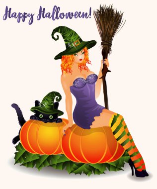Happy Halloween greeting  card, pumpkin, red hair witch and black cat. vector illustration