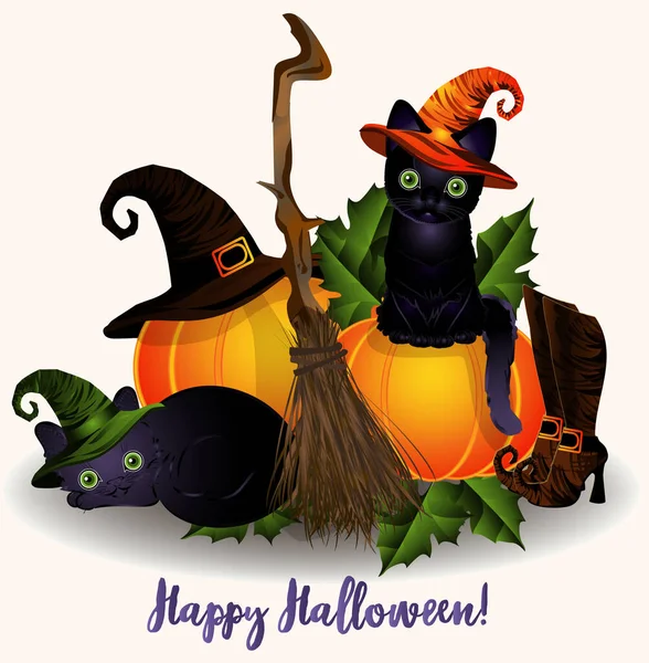 Happy Halloween Karte Mit Zwei Schwarzen Katzen Vektorillustration — Stockvektor