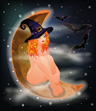 Cadılar Bayramı ayı ve seksi kızıl saçlı cadı, vektör illüstrasyonu