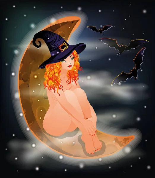 Halloween Moon Sexual Red Hair Witch Vector Illustration — стоковый вектор