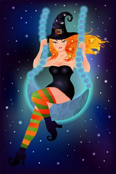 Red Hair Witch Swings Moon Happy Halloween Card Vector Illustration — Stok Vektör