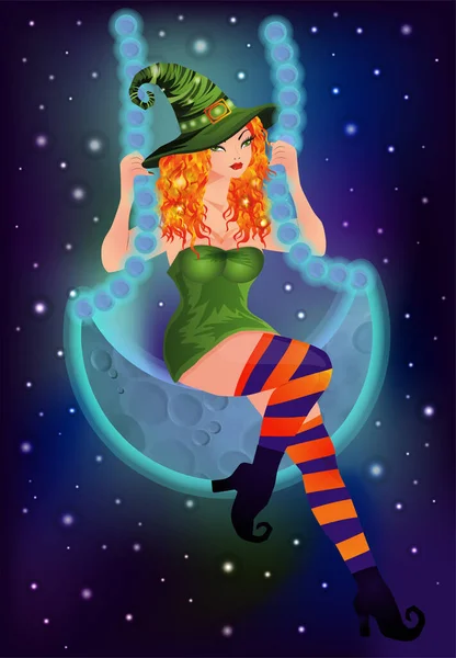 Young Red Hair Witch Swings Moon Happy Halloween Background Vector — Image vectorielle