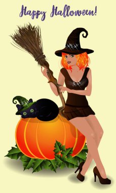 Happy Halloween invitation card, red hair witch and black cat. vector illustration