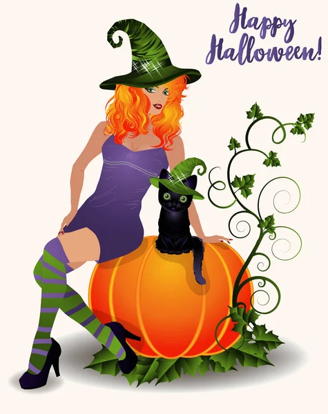 Happy Halloween Card Pumpkin Red Hair Witch Black Cat Vector — Stock vektor