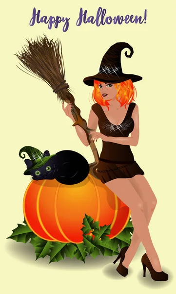 Happy Halloween Invitation Card Red Hair Witch Black Cat Vector — Stock vektor