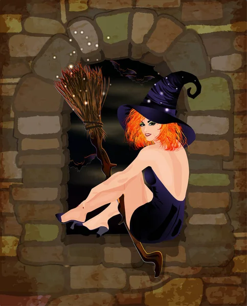 Happy Halloween Vip Card Red Hair Witch Broom Vector Illustration — ストックベクタ