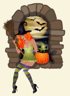 Kara kedi ve kızıl saçlı cadıyla Cadılar Bayramı davetiyen kutlu olsun. vektör illüstrasyonu