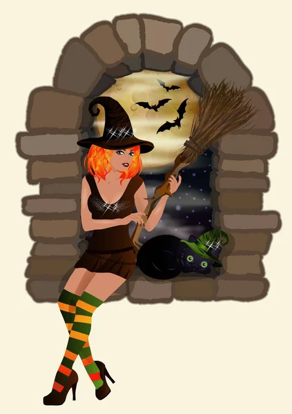 Happy Halloween Greeting Card Black Cat Red Hair Witch Vector — Vetor de Stock