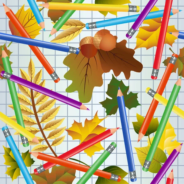 Back School Seamless Pattern Autumn Leaves Pencils Vector Illustration — Wektor stockowy