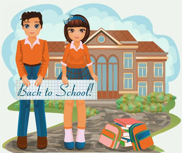 Back School Card Young Friend Girlfriend School Uniform Vector Illustration — Vetor de Stock