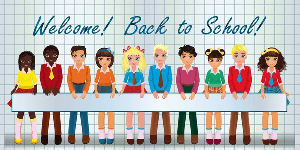 Back School Banner Young Friend Girlfriend Boy Girl School Uniform — Image vectorielle