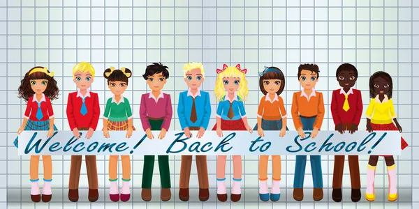 Back School Banner Young Boy Girl School Uniform Seamless Pattern — Stock Vector
