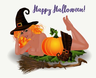 Happy Halloween card, with pumpkin, red hair witch . vector illustration