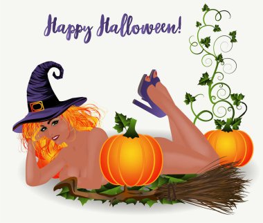 Happy Halloween card, sexual red hair witch and pumpkin. vector illustration