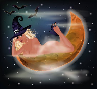 Happy Halloween card, sexual  witch and moon. vector illustration