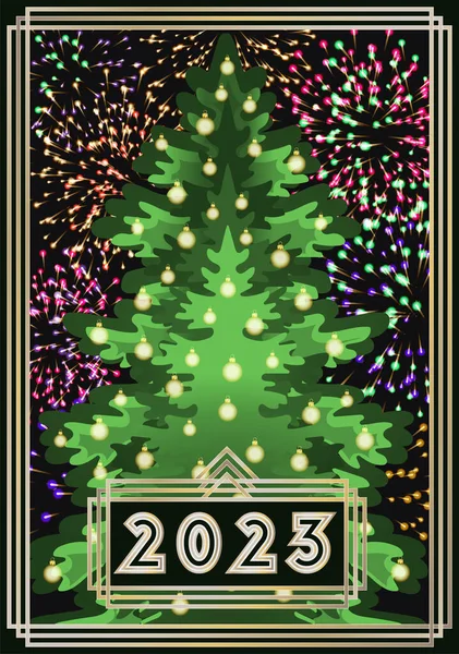 Happy New 2023 Year Xmas Tree Style Art Deco Vector — Vetor de Stock