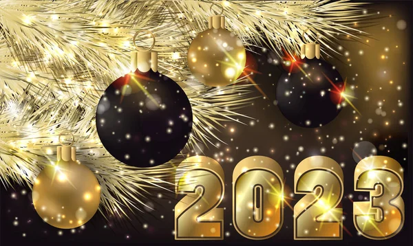 Happy New 2023 Year Banner Xmas Tree Balls Vector Illustration — Vetor de Stock