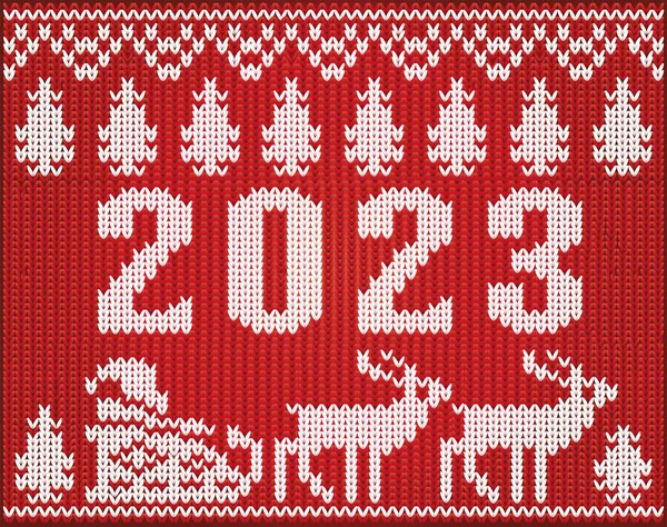 Happy New 2023 Year Knitted Pattern Christmas Deer Vector Illustration — Archivo Imágenes Vectoriales