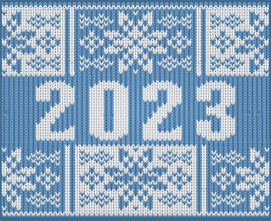 Happy New 2023 year knitted background, vector illustration