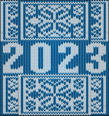 Happy 2023 New year knitted card with snow, vector illustration