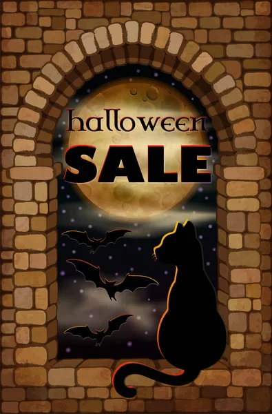 Happy Halloween Sale Card Black Cat Moon Vector Illustration — Stok Vektör