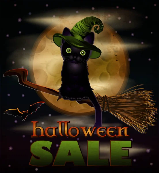 Happy Halloween Sale Card Cat Moon Vector Illustration — Vector de stock