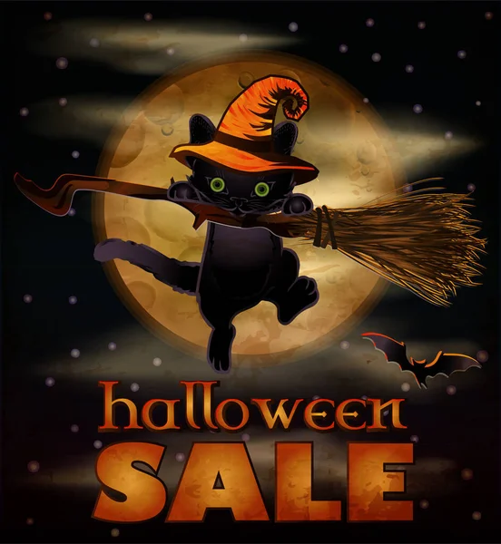 Happy Halloween Sale Card Cat Moon Vector Illustration — Stockvektor