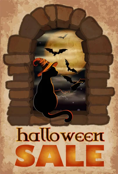 Happy Halloween Sale Background Black Cat Vector Illustration — Stok Vektör