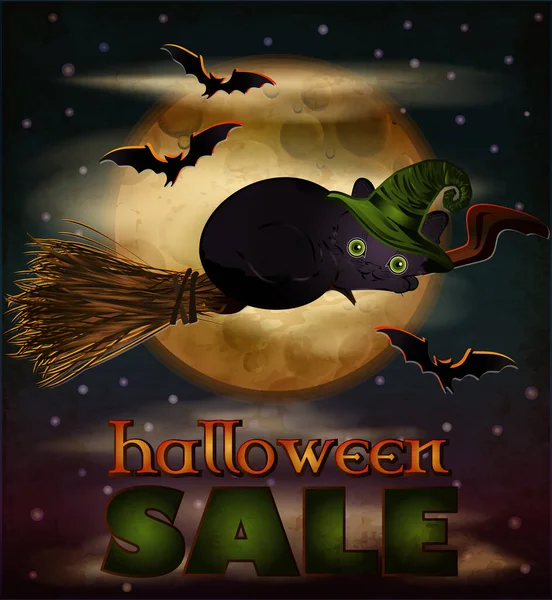 Happy Halloween Sale Card Black Cat Vector Illustration — Stock Vector