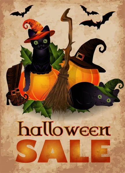 Happy Halloween Sale Background Cats Pumpkin Vector Illustration — Vector de stock