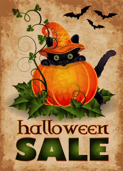 Happy Halloween Sale Cardr Black Cat Pumpkin Vector Illustration — Vetor de Stock