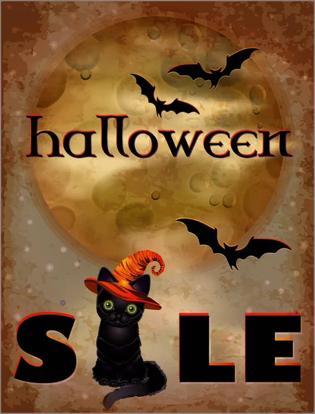 Halloween Sale Card Black Cat Witch Hat Vector Illustration — Stok Vektör