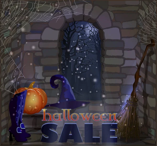 Happy Halloween Sale Background Broom Pumpkin Vector Illustration — Stockvector