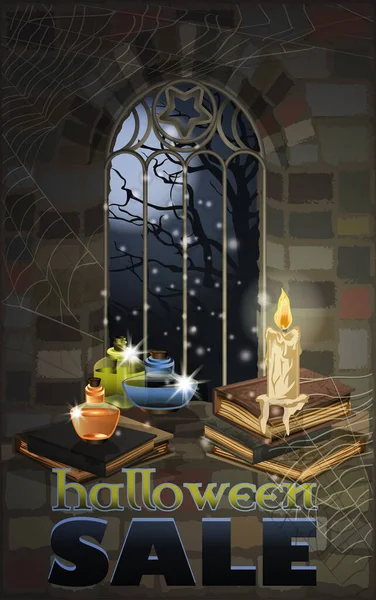 Happy Halloween Sale Card Books Vector Illustration — ストックベクタ